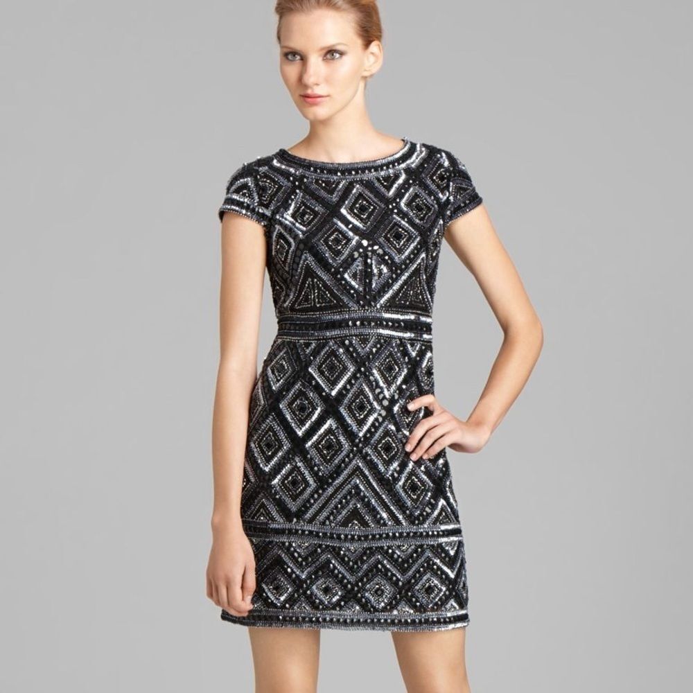 Adrianna Papell Black and Silver Sequin Mini Dress